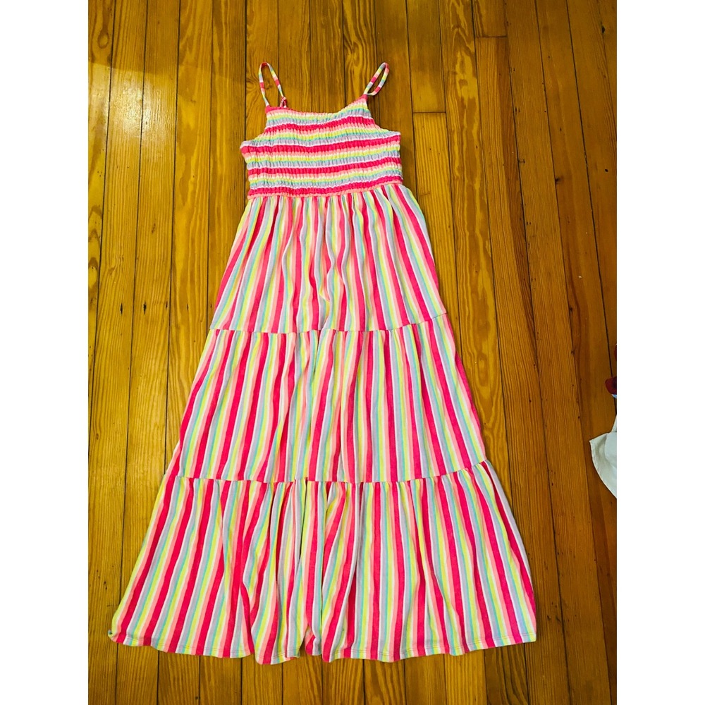 Cat & Jack Girls XL 14/16 Rainbow Striped Smocked Tiered Maxi Dress Pink Multi - Picture 2 of 8